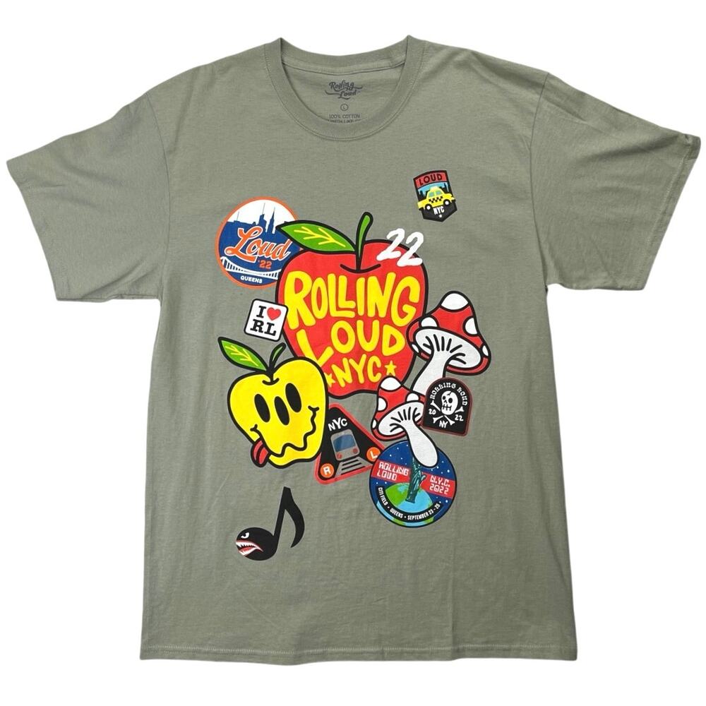 Rolling Loud Gray Patch Works NYC 22 Short Sleeve Graphic Tee T-Shirt Top Size L